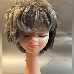 Short Wig Layered Curly Pixie Gray mixed Black color Wig
